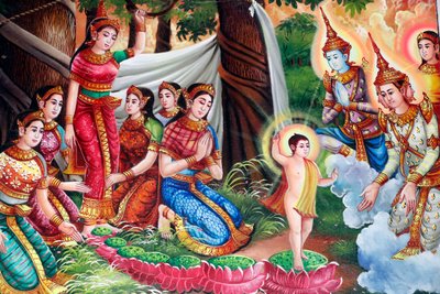 शाक्यमुनि बुद्ध की जीवन गाथा को दर्शाती पेंटिंग। लुंबिनी ग्रोव में बुद्ध का जन्म। केप। कंबोडिया। (तस्वीर) द्वारा अज्ञात