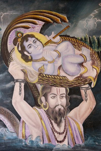 गोकुल में पेंटिंग: कृष्ण एक बच्चे के रूप में वासुदेव द्वारा यमुना नदी पर ले जाया गया। भारत द्वारा अज्ञात
