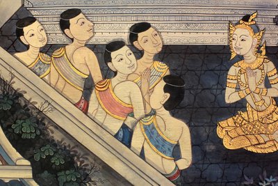 राजकुमार राम। राजा राम III के युग से रामकियन को दर्शाते हुए विहार की भीतरी दीवारों पर भित्ति विवरण। वाट फो - वाट फ्रा चेट्टुफॉन। 1788. बैंकॉक। थाईलैंड द्वारा अज्ञात