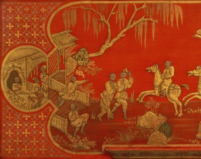 क्वीन ऐनी जापान की ब्यूरो कैबिनेट, 18वीं शताब्दी की शुरुआत में, संभवतः सेंट पॉल चर्चयार्ड के जॉन बेल्चियर द्वारा गिल्ट और काले रंग में आंकड़ों के साथ डेस्क ढक्कन का विवरण दिखा रहा है द्वारा अज्ञात
