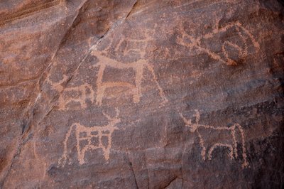 रॉक कला, प्रागितिहास: मिस्र के उवेनाट मासिफ में मवेशियों के एक समूह का उत्कीर्णन, जिनमें से एक निचला बायां है। (८००० से ३००० वर्ष ईसा पूर्व तक की अवधि)। फोटोग्राफी द्वारा अज्ञात