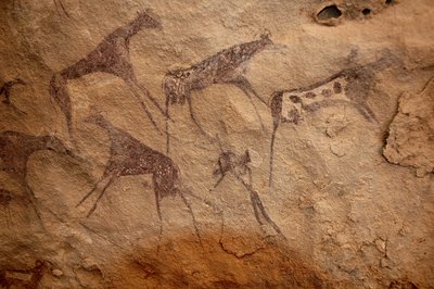 रॉक कला, प्रागितिहास: सूडान के उवेनाट मासिफ में एक अलंकृत आश्रय में मवेशियों और पॉलीक्रोम पात्रों के समूह की रॉक पेंटिंग 8000 से 3000 वर्ष ईसा पूर्व की अवधि। फोटोग्राफी द्वारा अज्ञात