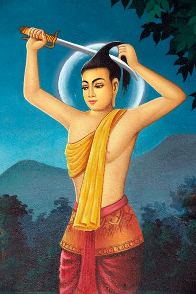 श्राचोर्क बौद्ध मठ। शाक्यमुनि बुद्ध की जीवन गाथा को दर्शाती पेंटिंग। राजकुमार सिद्धार्थ ने अनोमा नदी के तट पर सांसारिक जीवन त्यागने के लिए अपने बाल काट दिए। नोम पेन्ह। कंबोडिया। (तस्वीर) द्वारा अज्ञात