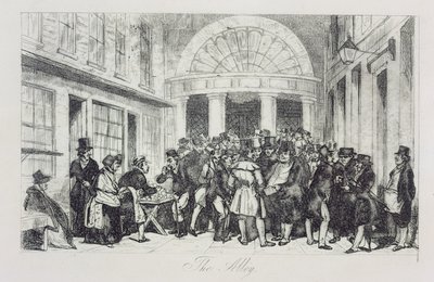 लंदन स्टॉक एक्सचेंज के प्रवेश द्वार पर 'द एले', बन सेलर, कैपेल कोर्ट, c.1850 (नक़्क़ाशी) द्वारा अज्ञात