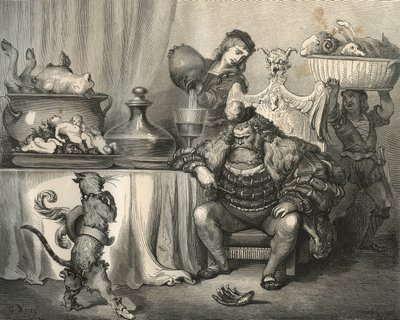 बूट कैट ओग्रे से मिलती है। चार्ल्स पेरौल्ट (1628-1703) द्वारा "लेस कॉन्टेस" से गुस्ताव डोर (1832-1883) द्वारा उत्कीर्णन द्वारा अज्ञात