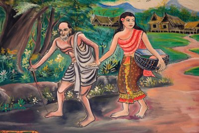कल। ग्रामीण के साथ बैठक। प्रबुद्धता का मार्ग। बुद्ध का जीवन। बुद्ध के जीवन को दर्शाती छत की कलाकृति। वाट इंपेंग। वेंटियन। लाओस, 20151029, वियनतियाने, लाओस द्वारा अज्ञात