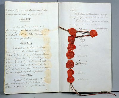 बेल्जियम को एक संप्रभु राज्य के रूप में स्थापित करने वाली संधि, 15 नवंबर 1831 को लंदन सम्मेलन में हस्ताक्षरित (कागज पर कलम और स्याही और मोम) द्वारा अज्ञात