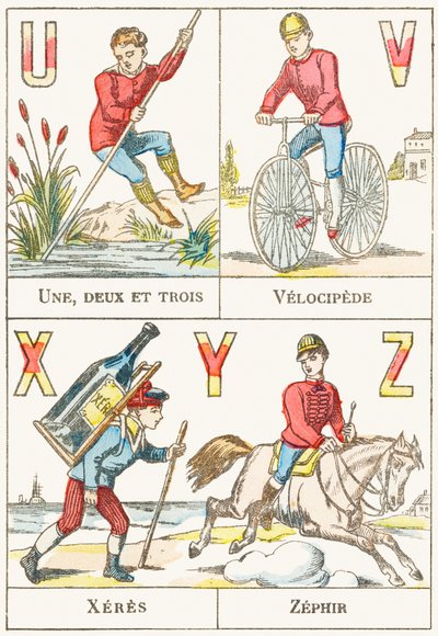 UVXYZ; यू: एक, दो और तीन; वी: वेलोसिपेड; X: Xeres; Z: Zephir - खेल वर्णमाला, c.1890 (उत्कीर्णन) द्वारा अज्ञात