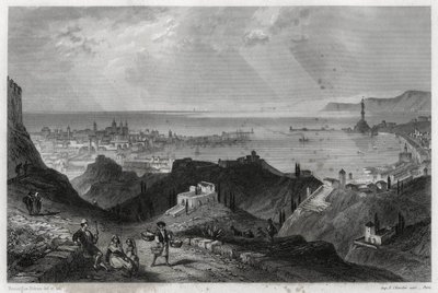 फ्रांस के पत्रकार और यात्री लुइस एनॉल्ट (1824-1900) द्वारा भूमध्यसागरीय पुस्तक में जीन्स के शहर और बंदरगाह का दृश्य, इक्लैटेंट उद्धरण, संगमरमर का शहर, जीन्स-ला-सुपर्ब। द्वारा अज्ञात