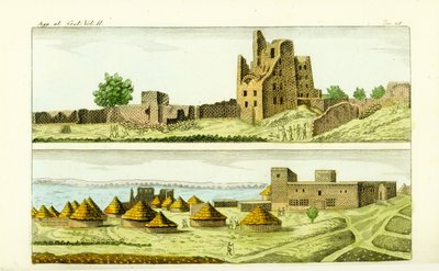 सेनार, सूडान (नीचे) में मस्जिद और घरों का दृश्य, और नीली नील नदी पर सेन्नार के फंज राजा (शीर्ष) के घर के खंडहर द्वारा अज्ञात