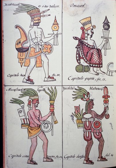 Xiuhtecuhtli, Omacatl, Macuilxochitl, Ixtlilton, फ्लोरेंटाइन कोडेक्स से पेज, स्पेनिश और नाहुआट्ल में संस्करण, न्यू स्पेन की चीजों का सामान्य इतिहास (हिस्टोरिया जनरल डे लास कोसास डी नुएवा एस्पाना), एज़्टेक द्वारा अज्ञात कलाकार