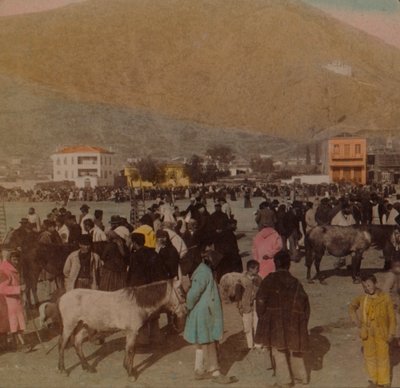 मार्केट प्लेस, आर्गोस, ग्रीस से 1903 में लरिसा या प्राचीन गढ़। द्वारा अंडरवुड और अंडरवुड