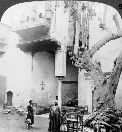 एक अमीर Cairenes घर, काहिरा, मिस्र, 1905 के दरबार में हरम खिड़कियां। द्वारा अंडरवुड और अंडरवुड