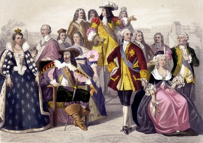 1610 से 1774 तक। मैरी डी मेडिसी, लुई XIII, लुई XV, मैरी एंटोनेट और लुई XVI। 19वीं सदी की नक्काशी। द्वारा अज्ञात कलाकार