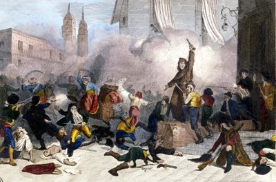2/05/1808: स्पेन के फ्रांसीसी अधिग्रहण के खिलाफ मैड्रिड विद्रोह। 19वीं सदी की नक्काशी द्वारा अज्ञात कलाकार