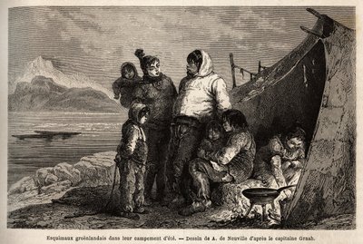 एक ग्रीनलैंड इनुइट परिवार अपने समर स्किन कैंप में। 1860-1862 में यूनाइटेड स्टेट्स नेवी के सर्जन डॉक्टर हेस द्वारा आर्कटिक ध्रुव के मुक्त समुद्र की यात्रा को चित्रित करने के लिए उत्कीर्णन, "ले टूर डू मोंडे, नोव्यू जर्नल डेस वॉयेज" में प्रकाशित हुआ द्वारा अज्ञात कलाकार