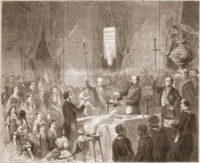 1861 में फ्रैटरनेल एमिटिव के लॉज में एक मैकोनिक बैप्टेम। द्वारा अज्ञात कलाकार