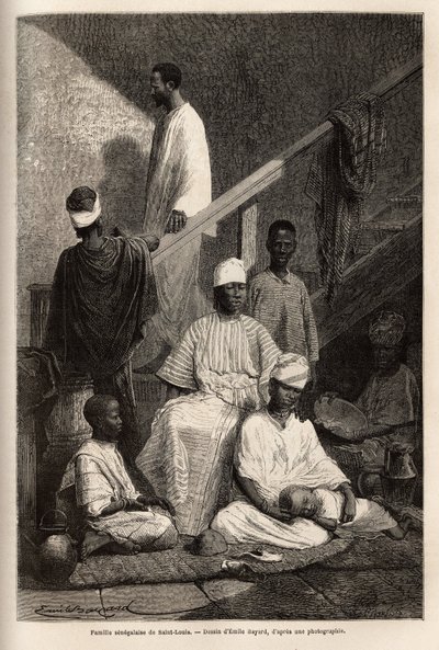 सेंट लुइस (सेंट लुइस) का एक सेनेगल परिवार। 1868 में वाइस-एडमिरल फ्लेरियट डी लैंग द्वारा अफ्रीका के तट पर एक क्रूज को चित्रित करने के लिए उत्कीर्णन, "ले टूर डू मोंडे"" 1872 में प्रकाशित, एडौर्ड चार्टन द्वारा संपादित, संस्करण हैचेट, पेरिस। सेल द्वारा अज्ञात कलाकार