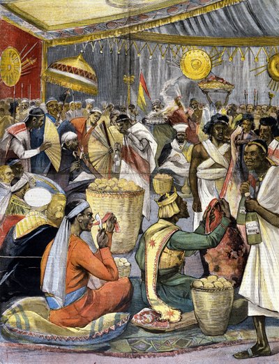 इथियोपिया में राजा मेनेलिक द्वितीय (1844 - 1913) के दरबार में एक भोज। बीमार 19वीं सदी के अंत के प्रेस के लिए। द्वारा अज्ञात कलाकार