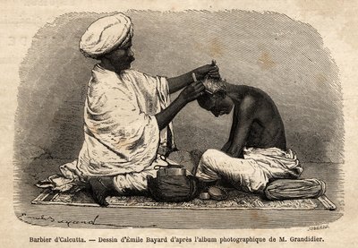 कलकत्ता की गलियों में काम करने वाला एक नाई। 1862-1864 में अल्फ्रेड ग्रैंडिडियर द्वारा भारत के मेरिडियन प्रांतों में यात्रा को चित्रित करने के लिए उत्कीर्णन, "ले टूर डू मोंडे" में प्रकाशित, डी'एडौर्ड चार्टन द्वारा संपादित, संस्करण हैचेट, पेरिस द्वारा अज्ञात कलाकार