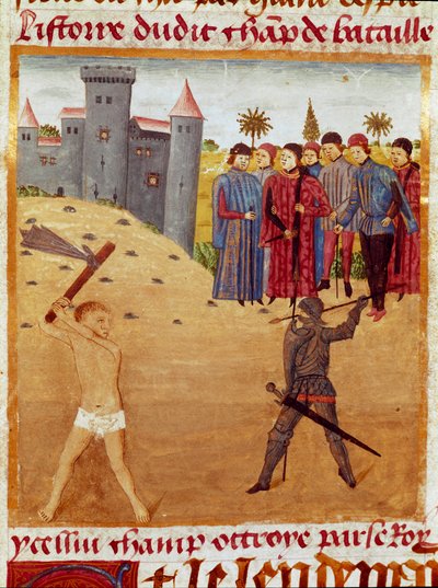 क्विंटस कर्टियस रूफस (क्विंट कर्स) (पहली शताब्दी), लगभग 1468 द्वारा "द बुक ऑफ फैक्ट्स ऑफ अलेक्जेंडर द ग्रेट" से ली गई मैसेडोनियन और एथेनियन मिनिएचर के बीच एक लड़ाई। (सुश्री 1335) रिम्स। नगर पुस्तकालय द्वारा अज्ञात कलाकार