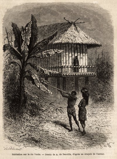 रियो वर्डे (ब्राजील) के भारतीयों का एक जोड़ा अपने सरबेकन के साथ, स्टिल्ट्स पर एक ठेठ घर के सामने। 1869 में डॉ। सैफ्रे द्वारा न्यू ग्रेनाडा की यात्रा को चित्रित करने के लिए उत्कीर्णन, "ले टूर डू मोंडे"" 1873 में प्रकाशित, एडौर्ड चार्टन द्वारा द्वारा अज्ञात कलाकार