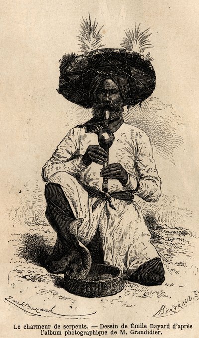 एक फकीर, सपेरा। 1862-1864 में अल्फ्रेड ग्रैंडिडियर द्वारा भारत के मेरिडियन प्रांतों में यात्रा को चित्रित करने के लिए उत्कीर्णन, डी'एडौर्ड चार्टन, हैचेट, पेरिस 1869 के निर्देशन में "" ले टूर डू मोंडे" में प्रकाशित हुआ। सेल्वा संग्रह। द्वारा अज्ञात कलाकार
