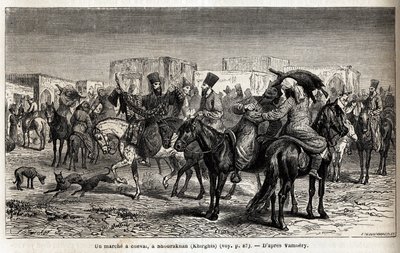 शूराखान (किर्गिस्तान या किर्गिस्तान) में घुड़सवारी। 1863 में मध्य एशिया की यात्रा को चित्रित करने के लिए एमिल बेयार्ड (1837-1891) द्वारा चित्रण, अर्मिनियस वाम्बरी (दरवेश में हंगेरियन वैज्ञानिक भेस) द्वारा। एडौस द्वारा संपादित "" ले टूर डू मोंडे & द्वारा अज्ञात कलाकार