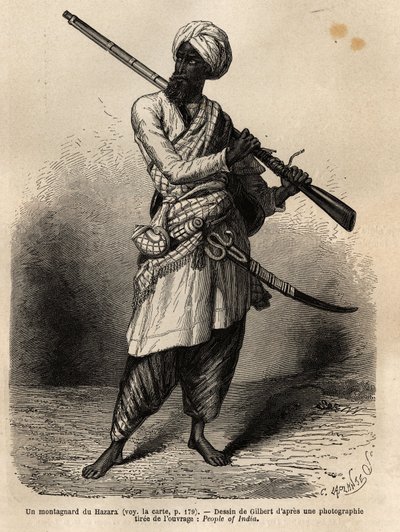 हजारा (पंजाब, भारत) का एक पर्वतारोही। पांडजाब और कश्मीर की यात्रा को चित्रित करने के लिए उत्कीर्णन, 1866 में गिलौम लेजेन की कहानी, एडौर्ड चार्टन के निर्देशन में "ले टूर डू मोंडे, नोव्यू जर्नल डेस वॉयेज" में प्रकाशित हुई। द्वारा अज्ञात कलाकार