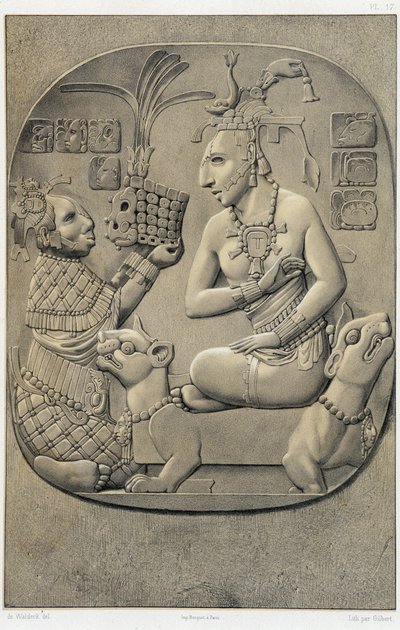 एक सोफे पर बैठी रानी, एक इथियोपियाई महिला से एक भेंट प्राप्त करते हुए - "" मेक्सिको के प्राचीन स्मारक: मेक्सिको की प्राचीन सभ्यता के पैलेनक्वे और अन्य खंडहर "" में ब्रासेउर डी बोर्बर्ग, पेरिस द्वारा द्वारा अज्ञात कलाकार