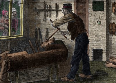 बेल्जियम में अपनी कार्यशाला में काम पर एक सबोटूर, "" ले जर्नल डे ला जेनेसे 1888 "" में। द्वारा अज्ञात कलाकार