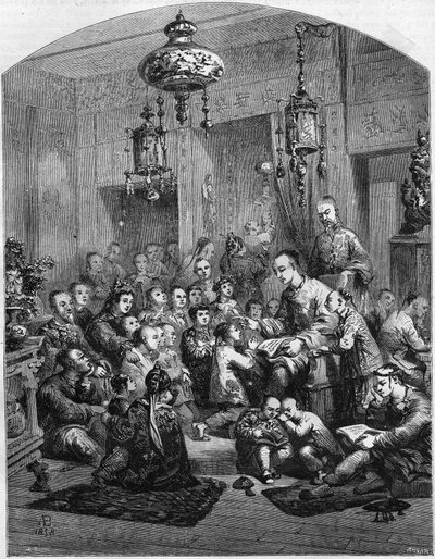 1858 में चीन में एक स्कूल। द्वारा अज्ञात कलाकार