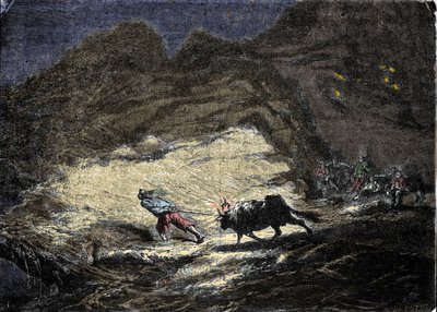 एक जहाज़ की तबाही (समुद्री डाकू) जहाजों को धोखा देने के लिए एक बैल के सिर पर लटके हुए प्रकाश का उपयोग करता है जो फिर तट पर पहुँचते हैं और खुद को लुटेरों के दरवाजे में पाते हैं। 19वीं सदी की नक्काशी। द्वारा अज्ञात कलाकार