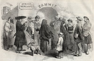 1857 में माल्टा (माल्टा) द्वीप पर वैलेटटा (वालेटा) में एक सड़क। द्वारा अज्ञात कलाकार