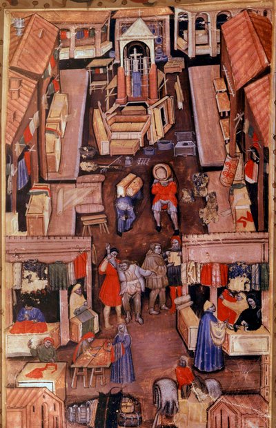 टहलना: एक फ्रांसीसी शहर में ड्रेपर, दर्जी, कपड़ों के डीलर। सबसे ऊपर, 15वीं सदी की पांडुलिपि पेरिस, बीएन . से एक लघु चर्च का निर्माण द्वारा अज्ञात कलाकार
