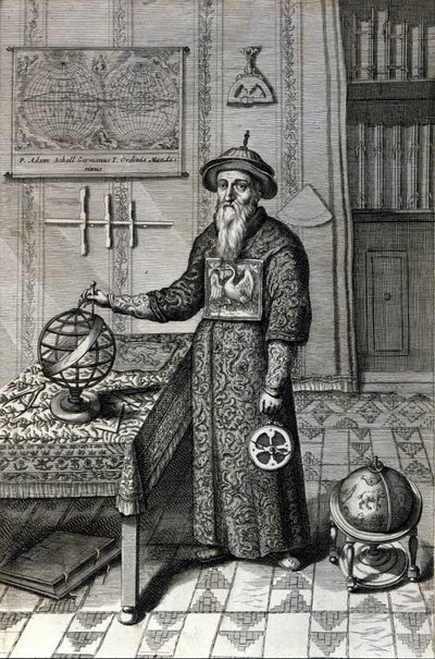 एडम शॉल, खगोलशास्त्री (1592-1666) पेकिन वेधशाला में मंदारिन पोशाक में, "चीन" में अथानसे किरचर (या अथानासियस किरचेरी) द्वारा द्वारा अज्ञात कलाकार
