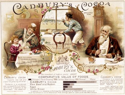 विज्ञापन Cadbury's Cocoa: विज्ञापन 19वीं सदी के बच्चे, बुजुर्गों और खिलाड़ी, क्रोमोलिथोग्राफ की जरूरतों के अनुकूल पेय के पोषण मूल्यों पर जोर देता है। द्वारा अज्ञात कलाकार