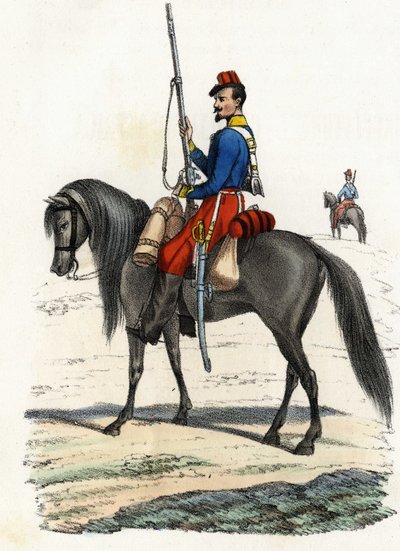 घोड़े की पीठ पर अफ्रीकी शिकारी, 1831 में गठित रेजिमेंट और 1832 में अल्जीरिया में मौजूद। "स्टोरिया डी'एल्गेरी" में, लियोन गैलिबर्ट, खंड 2 द्वारा अज्ञात कलाकार