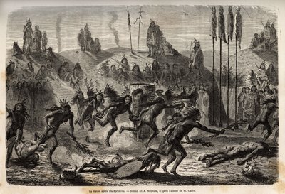 महान आत्मा को आत्म-दान के समारोह के बाद, युवा योद्धा एक उन्मत्त और बहिर्वाह नृत्य को गले लगाते हैं, सबसे कमजोर लोग मंडन भारतीयों (या नौमा का की: तीतर) के बीच, मिसौरी के बाएं किनारे पर जमीन पर पीछे चल रहे हैं। चित्रण करने के लिए उत्कीर्णन द्वारा अज्ञात कलाकार