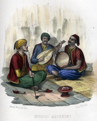 अल्जीरियाई संगीतकार। लियोन गैलिबर्ट द्वारा "पुराने और आधुनिक अल्जीरिया" में। 1846 रंग में इतालवी संस्करण। द्वारा अज्ञात कलाकार