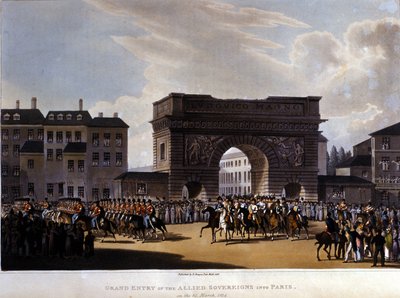 मित्र राष्ट्रों ने 31 मार्च 1814 को पेरिस में प्रवेश किया (रूस अलेक्जेंडर I, ऑस्ट्रियाई सम्राट फ्रेंकोइस I और प्रशिया के राजा फ्रेडरिक विलियम III।) 1826 की उत्कीर्णन द्वारा अज्ञात कलाकार