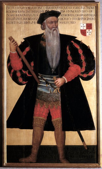अल्फोंस (अल्फोंसो या अफोंसो) डी अल्बुकर्क (1453-1515) पुर्तगाली नाविक और खोजकर्ता का महान चित्र। 16वीं सदी की पेंटिंग। लिस्बन, मुसी नेशनल डी'आर्ट एंटीक - अल्बुकर्क (1453-1515) द ग्रेट के अल्फोंस (अल्फोन्सो या अफोंसो)। पोर्ट्रेट ओ द्वारा अज्ञात कलाकार