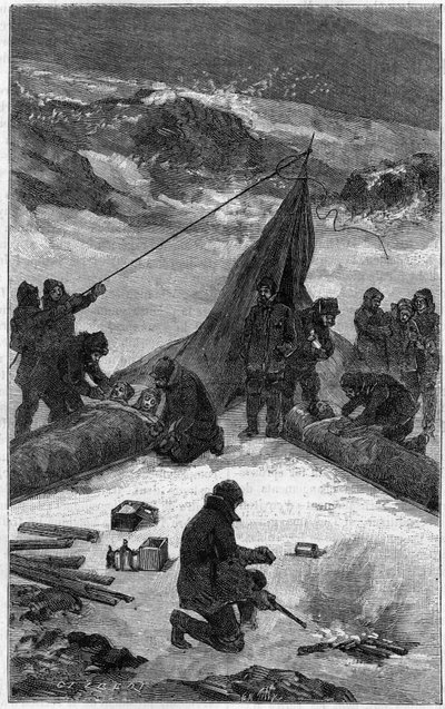लेडी फ्रैंकलिन बे के लिए अमेरिकी अभियान (1881-1884): चालक दल का बचाव। 22 जून 1889 को "" प्रकृति: विज्ञान और कला और उद्योग के लिए उनके अनुप्रयोगों की समीक्षा "" में उत्कीर्णन। द्वारा अज्ञात कलाकार