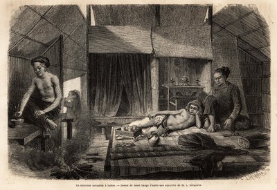लैकॉन (लाओस) में एक एनामाइट इंटीरियर। 1866-1868 में फ्रांसिस गार्नियर, लेफ्टिनेंट डी वैससेउ द्वारा इंडोचाइना में अन्वेषण की यात्रा को चित्रित करने के लिए उत्कीर्ण, "ले टूर डू मोंडे" "1870-1871 में प्रकाशित, एडौर्ड चार्टन द्वारा संपादित, संस् द्वारा अज्ञात कलाकार