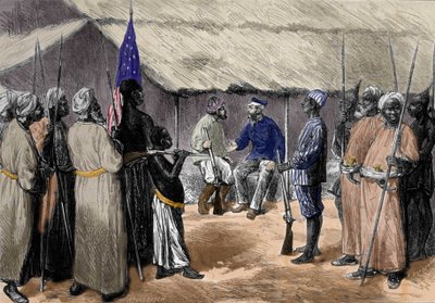 डेविड लिविंगस्टोन (1813-1873), एक अंग्रेजी मिशनरी और अफ्रीका के अन्वेषक, और हेनरी मॉर्टन स्टेनली, वेल्स पत्रकार, अफ्रीका के खोजकर्ता (1841-1904) के बीच मध्य अफ्रीका के एक गाँव में मुठभेड़। द्वारा अज्ञात कलाकार