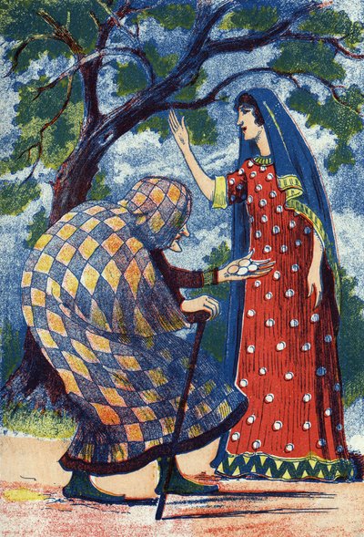 एक बूढ़ी औरत फ्लोरिन को चार अंडे देती है। मैडम डी'ऑलनोय (1650-1705), फ्रांसीसी लेखक की कहानी "ल'ओइसो ब्लू" के लिए अनाम चित्रण। इमेजरी मार्सेल वाग्ने, जारविल नैन्सी, अदिनांकित (19वीं सदी के अंत में)। द्वारा अज्ञात कलाकार