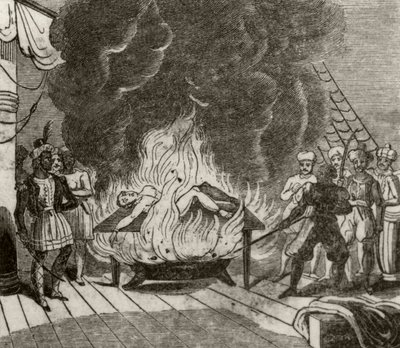 'अंगोरा, द इंडियन पाइरेट, रोस्टिंग द इंग्लिश कैप्टन जिंदा', c.1836 द्वारा अज्ञात कलाकार