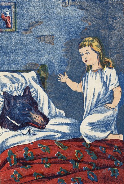 फ्रांसीसी लेखक चार्ल्स पेरौल्ट (1628-1703) की कहानी "द लिटिल रेड राइडिंग हूड" के लिए बेनामी चित्रण। इमेजरी मार्सेल वाग्ने, जारविल नैन्सी, अदिनांकित (19वीं सदी के अंत में)। द्वारा अज्ञात कलाकार
