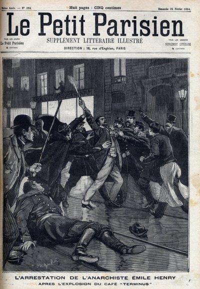 पेरिस में कैफे "टर्मिनस" के विस्फोट के बाद अराजकतावादी एमिल हेनरी (1872-1894) की गिरफ्तारी। "" ले पेरिसियन "" में उत्कीर्णन द्वारा अज्ञात कलाकार