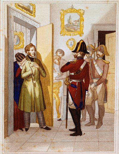 इतालवी सैनिकों द्वारा देशभक्त फ़ेडेरिको कॉन्फ़ालोनेरी (1785-1846) की गिरफ्तारी। 19वीं सदी के म्यूजियो डेल रिसोर्गिमेंटो, रोम की नक्काशी द्वारा अज्ञात कलाकार